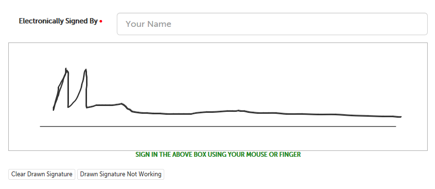 Example of a type signature and image signature box, with a scrawled "M" inside, and two buttons: "Clear Drawn Signature" and "Drawn Signature Not Working"