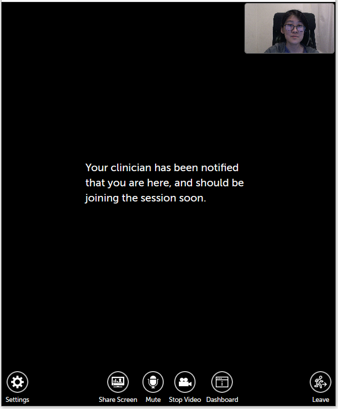 Example message in the middle: Your clinician has been notified that you are here, and should be joining the session soon.